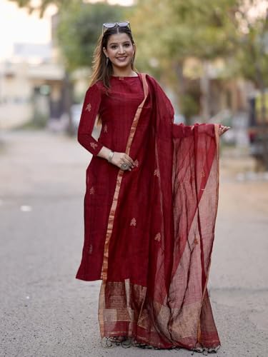 Image of GoSriKi Viscose Printed Straight Kurta with Pant and Dupatta for Women | Viscose Cream | 3 /4 Sleeve | High Neck | Ethnic Wear Casual Wear