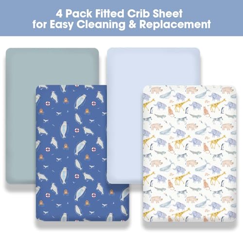 Image of Little Grape Land Crib Sheets 4 Pack for Boys and Girls, Baby Neutral Crib Fitted Sheets for Standard Crib & Toddler Mattress, Super Soft Breathable Fitted Crib Sheet Set (Fauna & Sea Lion)