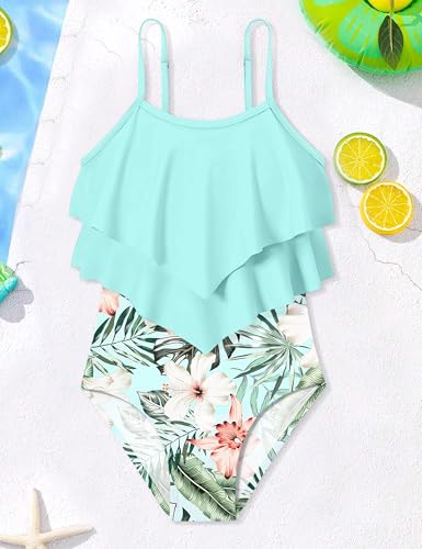Image of Girls Swimsuit Color Block One Piece Swimsuit 2-Tiered Ruffle Bathing Suit Adjustable Strap Girls' Swimwear 7-16Y