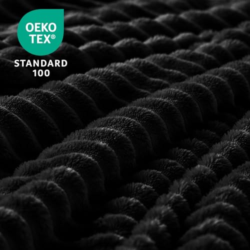 Image of BEDELITE Fleece Throw Blanket for Couch - 3D Ribbed Jacquard Soft and Warm Decorative Fuzzy Blanket - Cozy, Fluffy, Plush Lightweight Black Throw Blankets for Bed, Sofa, 50x70 inches