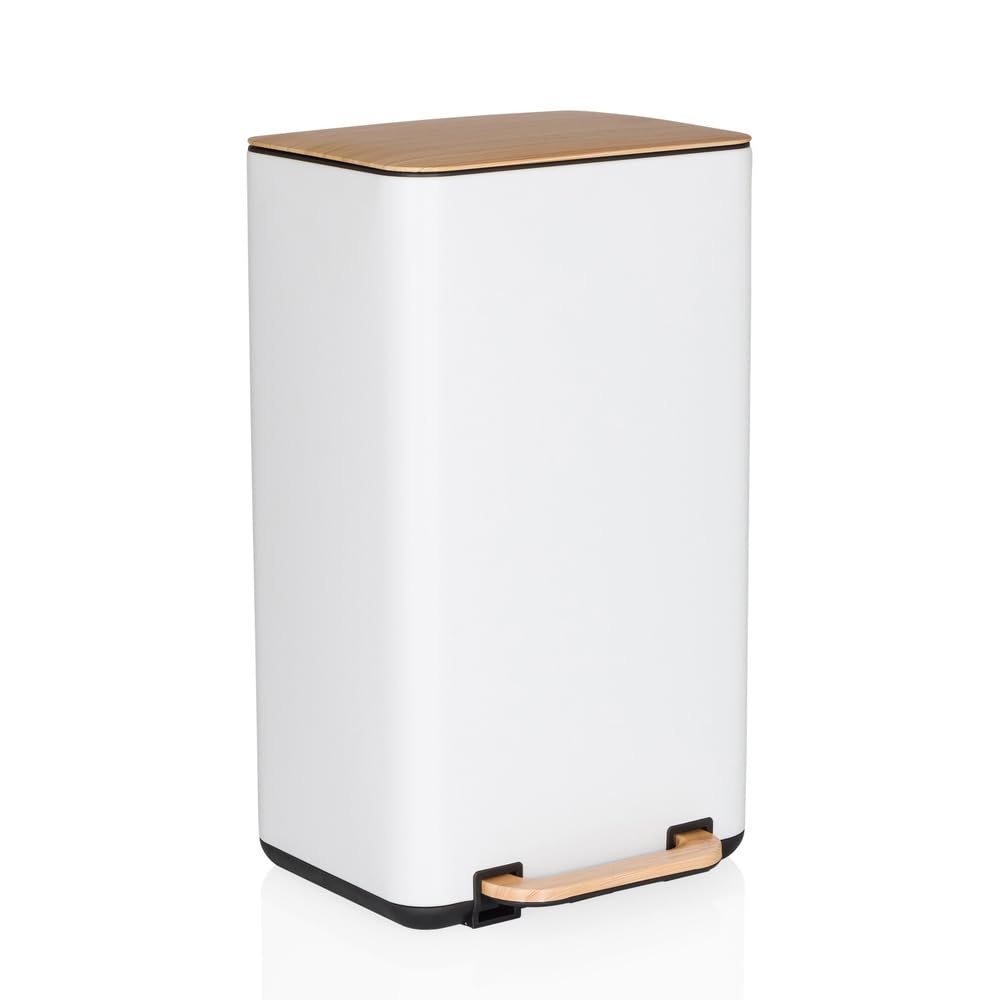 hjh OFFICE Cubo de basura de cocina, 30 litros CLEAN NATURA cubo de basura de metal con cierre suave, cubo de pedal con cubo interior, crema/nuez