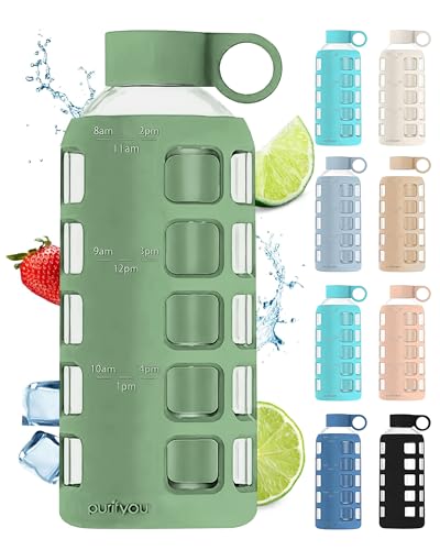 purifyou 40oz / 32oz / 22oz / 12oz Borosilicate Glass Water Bottle with Time & Volume Markers, Silicone Sleeve, Stainless Steel Lid | Reusable Glass Bottle for Water & Juice (22oz Shale Green)