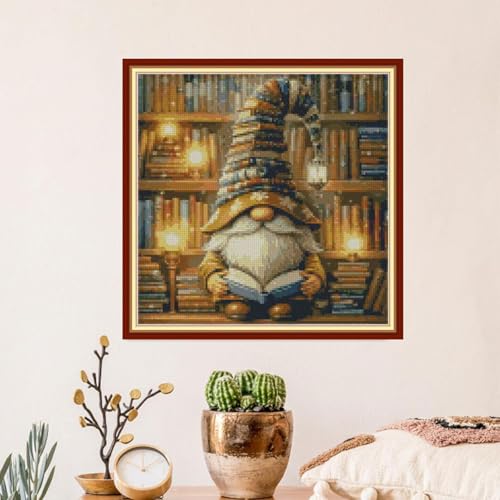 Image of Book Gnome Cross Stitch Kits, Book Gnome Cross Stitch Patterns,Dimensions Cross Stitch Kits Embroidery Kit Arts and Crafts for Beginners 13.7x13.7 inch