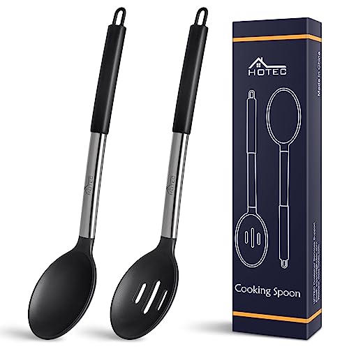 HOTEC Heat Resistant Large Silicone Cooking Spoon, Solid Slotted Spoons, Nonstick Kitchen Cookware Utensils, Mixing, Serving, Stiring Large Spoons, Black