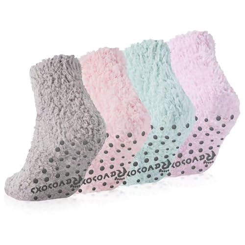 Revosoxs Fuzzy Grip Socks for Women Men,Thick Warm Slipper Cozy Fluffy Non Slip Ankle Valentines Fuzzy socks With Grips.（Pink+Grey+Green+Purple）