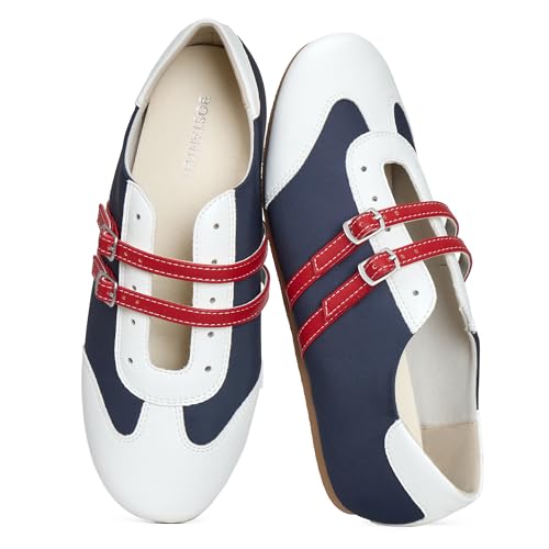 Image of BOSTANTEN Ballet Sneakers Mary Jane Flats for Women, Retro Trainer Style | Cute Retro and Y2k Style, Double Adjustable Straps, Lightweight Flexible Sole, Soft Suede Round Toe, Breathable Lining