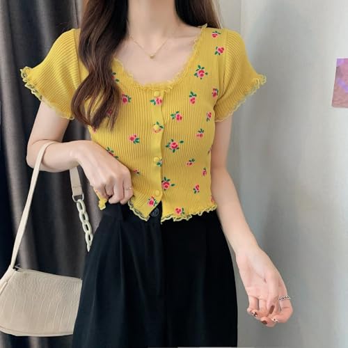 Image of ICW Women's Korean Style Round Neck Half Sleeve Button-Up Floral Knitted Crop Top T-Shirt for Girls DN286 (One Size Fit XS-S)