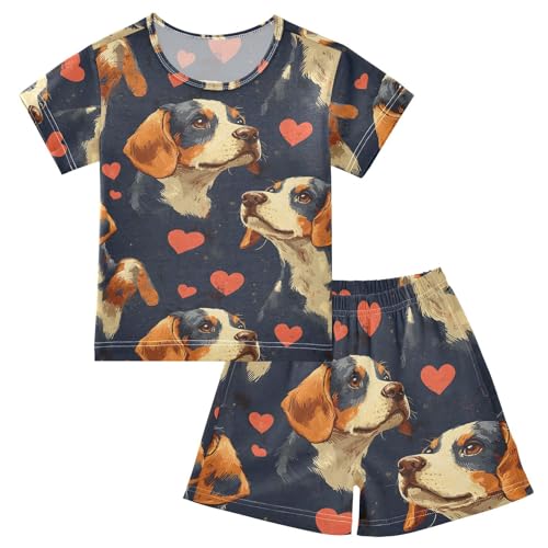 ALAZA Beagle Puppy Dog Lovely Pajamas Set Short Sleeve Cotton Sleepwear Summer Pjs 2 Piece 5-14Y