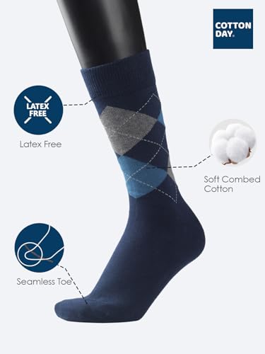 COTTON DAY Men's Premium Soft Combed Cotton Trouser Dress Socks Seamless Toe Black Gray Blue Argyle Striped Shoe Size 8-122
