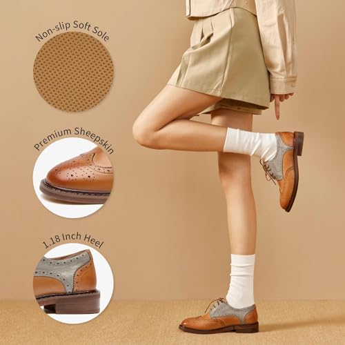 Image of BEAU TODAY Oxford Shoes for Women,Leather Brogue Dress Shoes,Comfort Brethable Ladies Lace-up Handmade Wingtip Shoes for Business Work