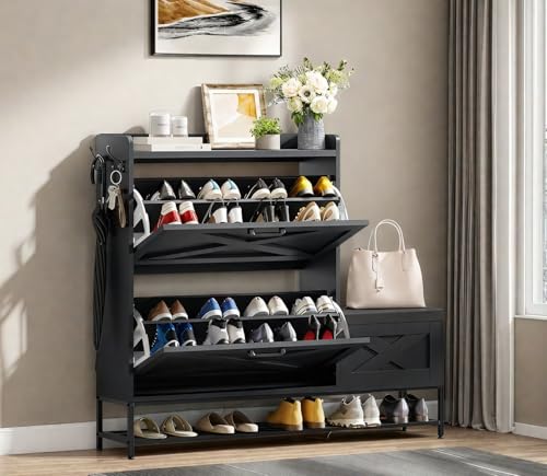 DWVO Farmhouse Shoe Storage Cabinet with 2 Flip Drawers for
