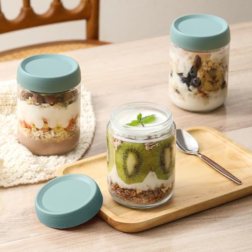 Image of NETANY 6-pack 16oz Glass jars with Airtight Lids, Overnight Oats Containers with Lids, Wide mouth Mason Salad jars, Glass Food Storage Containers for Snacks Yogurt Spice Sugar - Green