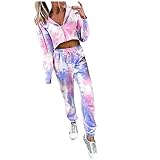 Damen Sportswear-Sets Casual Bauchfrei Langarmshirt Hose Sets Home Farbverläufe Drucken Langarm Crop Tops T-Shirts Sweathose 2 Stück Sportanzug, Mehrfarbig, XL