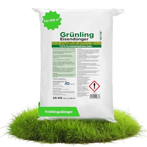 Grünling A&G-heute 25kg Eisendünger Pulver Rasendünger Frühjahr | für vermooste Flächen | Eisen-2-Sulfat Heptahydrat | für ca. 900m² Rasenfläche für sattes kräftiges dichtes Grün