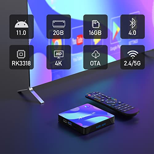 Android 11 TV Box,TUREWELL Android 2Go RAM 16Go ROM RK3318 Quad-Core 64bit Cortex-A53 Support 2.4/5.0GHz Dual-Band WiFi BT4.0 3D 4K 1080P H.265 10/100M Ethernet HDMI2.0 Smart TV Box