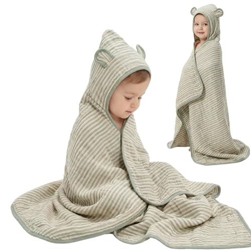 Image of Ultra-Soft Muslin Toddler Hooded Towel - 55 x 28 Inches, Made with Organic Cotton, Gender-Neutral Sage Green Striped Jacquard Pattern, Ideal for Bath & Beach, Newborn to Toddler