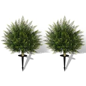 Set of 2 Artificial Cedar Topiary Ball Tree with Ground Spike, Indoor Outdoor Decorative Faux Shrub Bushes Plants Fake Greenery Cypress for Front Porch Garden Patio Home Office
