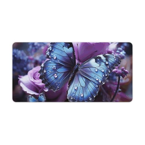 Tapis de souris XXL en caoutchouc motif rose violette et papillon pour bureau