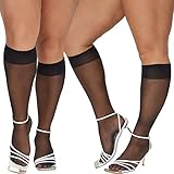 MANZI Plus Size Knee High Stockings for Women 6 Pairs Sheer Nylons Black X-Large-XX-Large