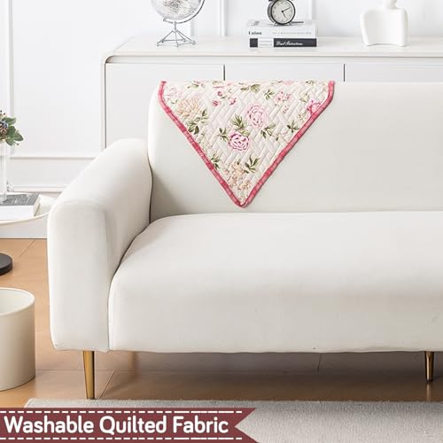 Image of HOKIPO 'HomeHues Series' Quilted Printed Sofa Back Cover, Pack of 1, Beige Peonies (IN-898-S-D3)