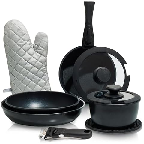 Moss & Stone 10pcs Black Pots and Pans Set Non Stick, Cookware Sets Detachable Handle, RV Kitchen Set Removable Handle, Oven Safe, Induction Ready, Stackable Non-stick Set, Camping Cookware Set Cover