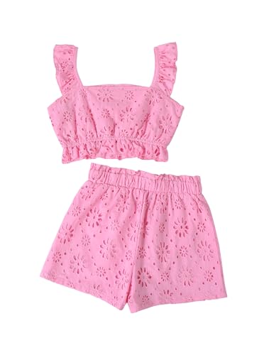 Image of Girls Vacation Outfits Summer 2 Piece Eyelet Ruffle Crop Tank Top with Short Set Pink 9-10 Years