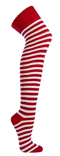 krautwear® Damen Gestreifte Overknees Strümpfe Ringelstrümpfe Karneval Oeko-TEX Standard 100 (rot-Weiss)