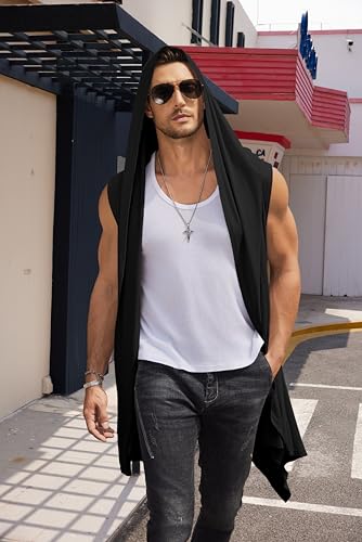 COOFANDY Men's Long Hooded Cardigan Sleeveless Ruffle Shawl Collar Lightweight Open Front Drape Kimono Vest3
