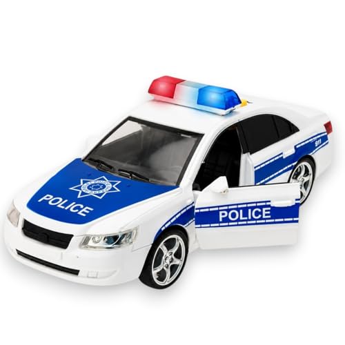 KORAT Macchina Polizia Giocattolo Bambini 3 Anni con Luci e Suoni Realistici, Auto Polizia a Frizione Scala 1:16 con Porte Apribili, Sirene Lampeggianti Blu e Rosse, Macchinina Polizia Sicura