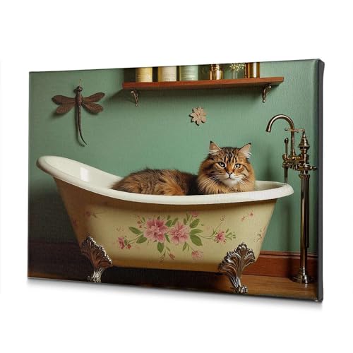 Décoration murale salle de bain chat et fleurs tableau métal 20x30 cm