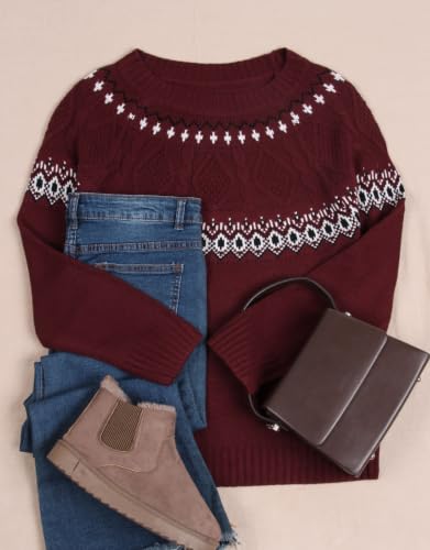 Image of Women's Fair Isle Sweater Crew Neck Long Sleeve Heart Sweater Vintage Tops