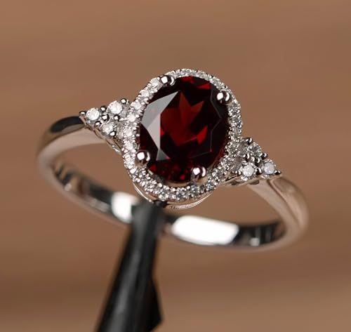 Women’s Engagement Wedding Ring, Silver-Plated Band with Red Oval Gemstone and Cubic Zirconia Accents2