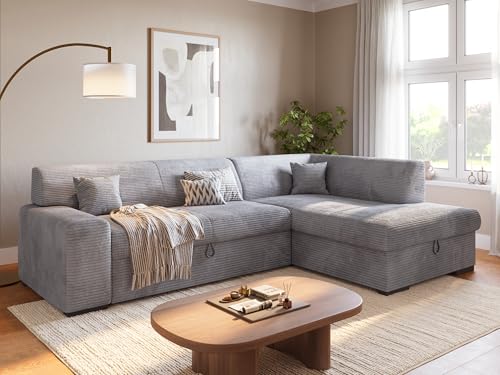 BROMARKT Ecksofa mit Schlaffunktion 260 cm L Form Hellgrau Rechts Seite Couch Sofa mit Bettkasten Schlafcouch Schalsofa 3 sitzer Eckcouch Sofabett Wohnlandschaft Cordstoff