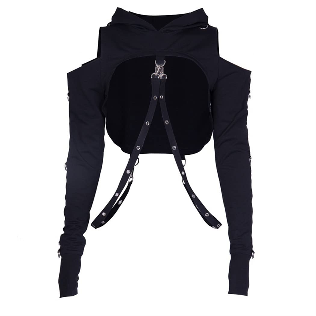 Goth Crop Top Hoodies For Women Hoodie Aesthetic Punk Black Sweatshirt Rave Outfit Emo Teen Girls Long Sleeve - Black Hollow Out Hoodie Medium