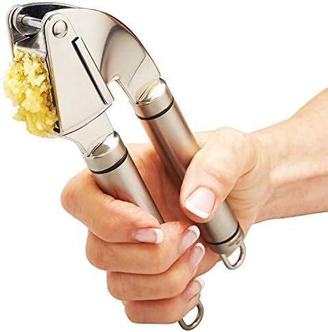 Qlty First Stainless Steel Professional Garlic Press, Crusher Complete Bundle - Includes Silicone Peeler, Cleaning Brush and Garlic Recipe Ebook