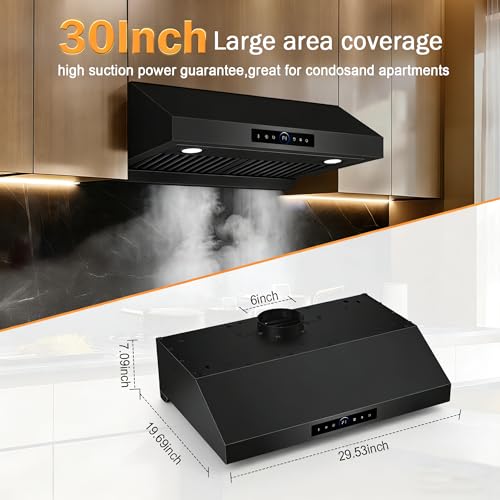 Image of 1200 CFM Black Range Hood 30 Inch, Under Cabinet Range Hood 30 Inch, 4-Speed Kitchen Hood with Gesture Sensing & Touch Control Kitchen Stove Vent Hoods, Supports Only Duct Installation