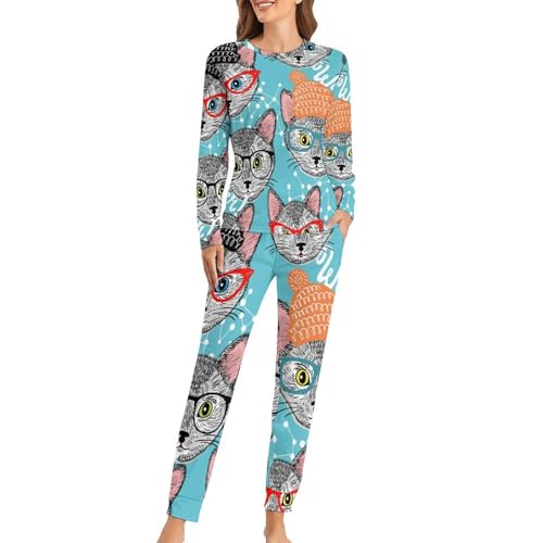 Pyjama femme chat de bande dessinée t-shirt manches longues, cadeau idéal pour elle