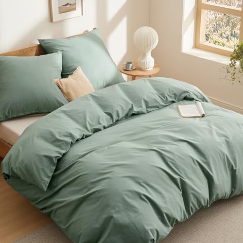 BEDSURE Bettwäsche 220x240 Baumwolle 3tlg. - Salbeigrün Set 2x80x80 Kissen | 100% Baumwolle Bettwäsche-Sets mit Reißverschluss, OEKO-TEX Zert, Weich, Sicher, Atmungsaktiv, Hautfreu