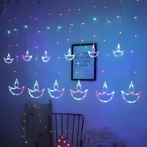 Image of K D 6+6 Diya Multi Curtain LED String Lights, 138 LEDs (3.5 ft Length + 0.5 FT Length After Adapter = 4ft) with 8 Modes Indoor Outdoor for Home, Diwali, Christmas (Big String Diya 6+6 Multi)