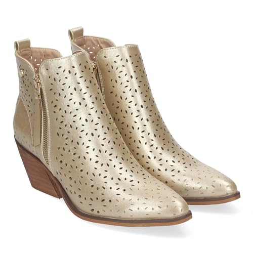 83852 Botines de Tacon Campero para Mujer Primavera Verano Elegantes y Comodos, Diseno Perforado con Doble Cremallera Lateral con Fleco, Ideal para Cualquier Ocasion. Oro Talla 37