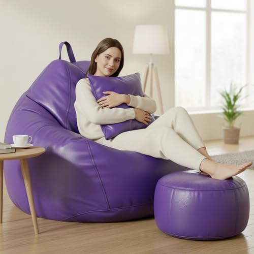 Image of KAM'S LIEU 5XL Bean Bag Combo with Footrest & Cushion | Filled with High Density EPS Beans | Comfortable Sofa for Living Room & Bedroom | 6 Months Warranty, Color- (Purple, 5XL, Classic)