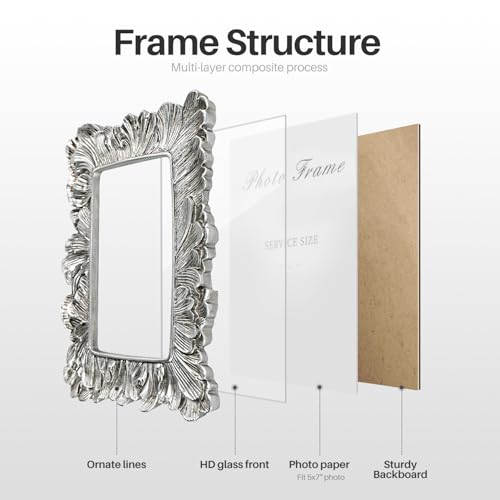 Silver 5x7 Picture Frame, Vintage Silver Palm Leaves Textured Hand-Crafted Resin with Glass Front Elegant Retro Vintage Rustic Design Photo Frame for Wall and Tabletop Display Home Decor