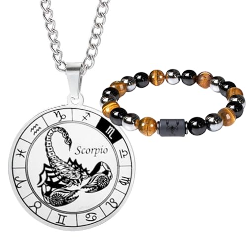 Caimety Ensemble Collier et bracelet signe du zodiaque pour homme - Collier de constellation - Pendentif acier inoxydable - Bracelet élastique perles - Cadeau...
