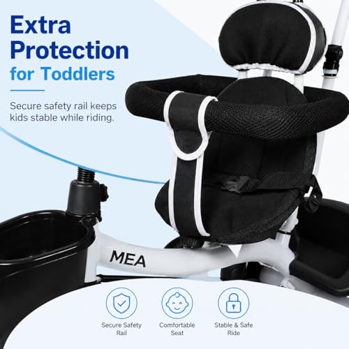 Image of MEA Kids Tricycle with Parent Push Handle for Toddlers|Baby Trike with Safety Guard Rail, Comfortable Cushioned Seat, Storage Basket & Footrest|Ride-On Cycle for Boys & Girls (Black) (Without Canopy)