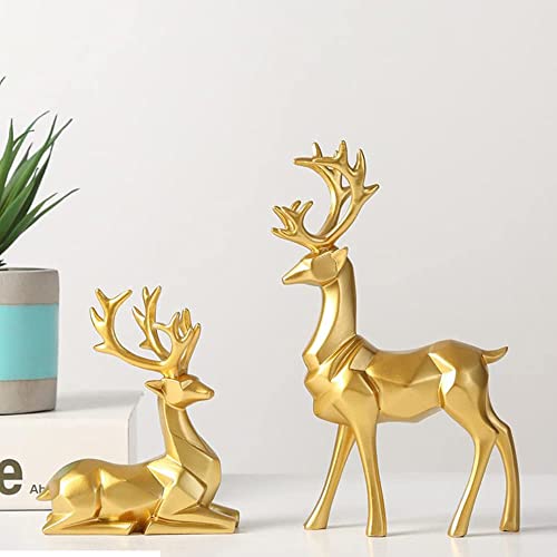 2Pcs 3D Geometric Elk Resin Statue, Seated And Standing Elegant Lucky Deer, Luxurious Simple Style Ideas, Suitable For Living Room, Wine Cabinet, Display Stand, Bedroom, Office Desktop (Golden Deer) #TOP17