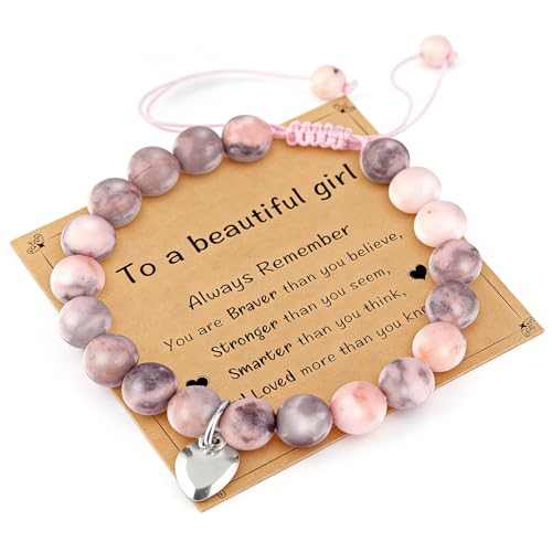 NZVQH Bracelet Pierre Naturelle Rose pour Fille, Bijou Ajustable avec Carte de Message Inspirant, Idée Cadeau Anniversaire Amitié, Perles Rondes pour Femme