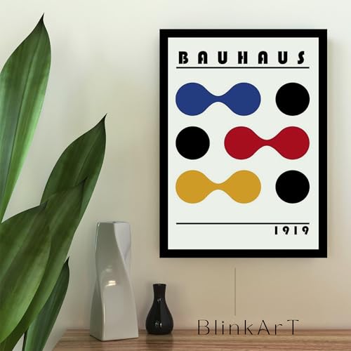 Image of BLINKART Vintage Bauhaus Retro Geometric Aesthetic Poster Gallery | Colorful Wrap Framed For Home Office Studio Living Room Modern Art Studio Decoration Abstract Shapes | (d158) | 13x10 Inch