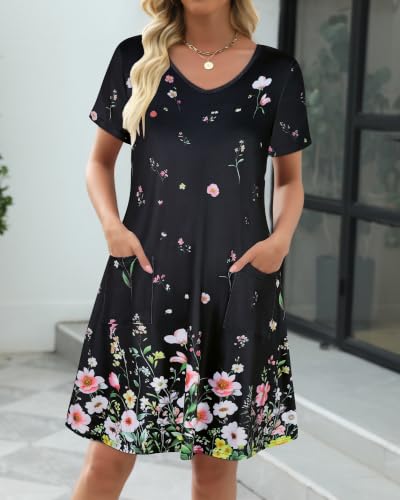Image of CHICGAL Summer Dresses for Women V Neck Short Sleeve Casual Loose T Shirt Sundress Beach Cover Ups with Pockets 2026