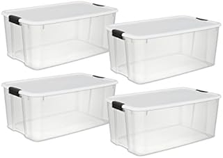 Sterilite 19909804 116 Quart/110 Liter Ultra Latch Box, Clear with a White Lid and Black Latches, 4-Pack