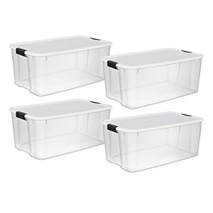 Sterilite 19909804 116 Quart/110 Liter Ultra Latch Box, Clear with a White Lid and Black Latches, 4-Pack